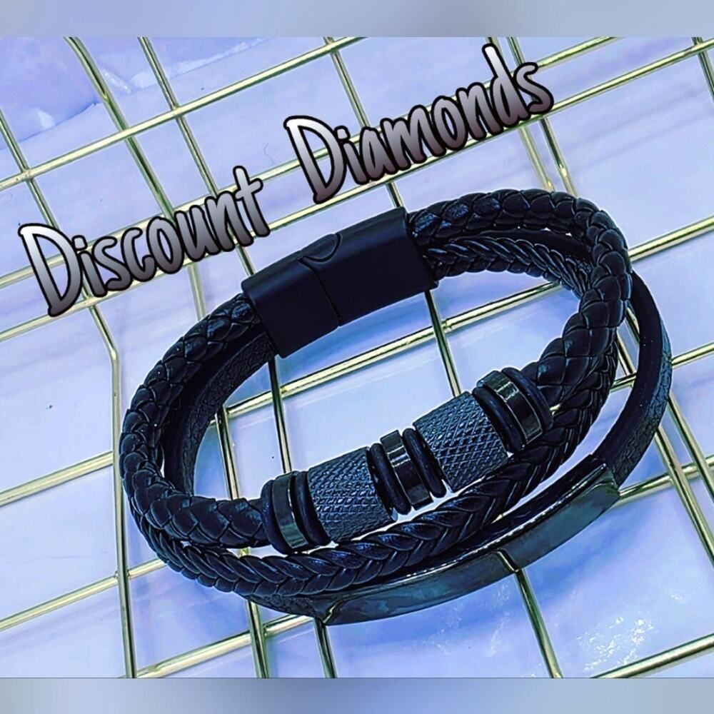 Men's Black Titanium Braded Black Leather Trinity Bracelet 